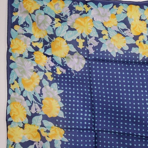 Vintage Silk Scarf Square Blue Yellow Floral Polka Dot 29"  Hand Rolled - Picture 2 of 10